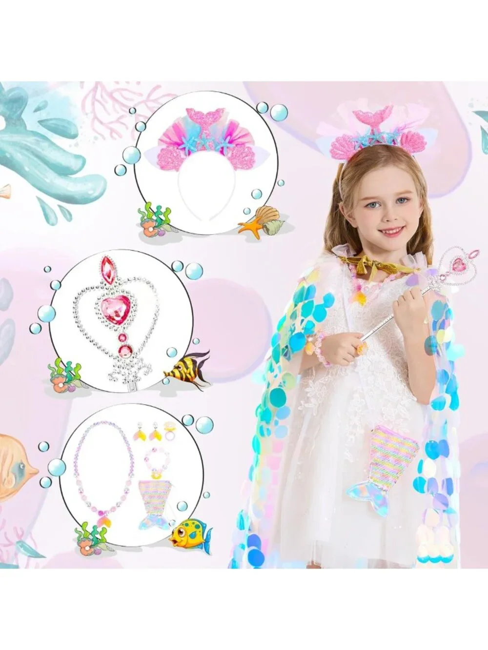 Rainbow Mermaid Cape & Princess Dress Up Set - 9 Pcs Costume Kit for Girls 3-8